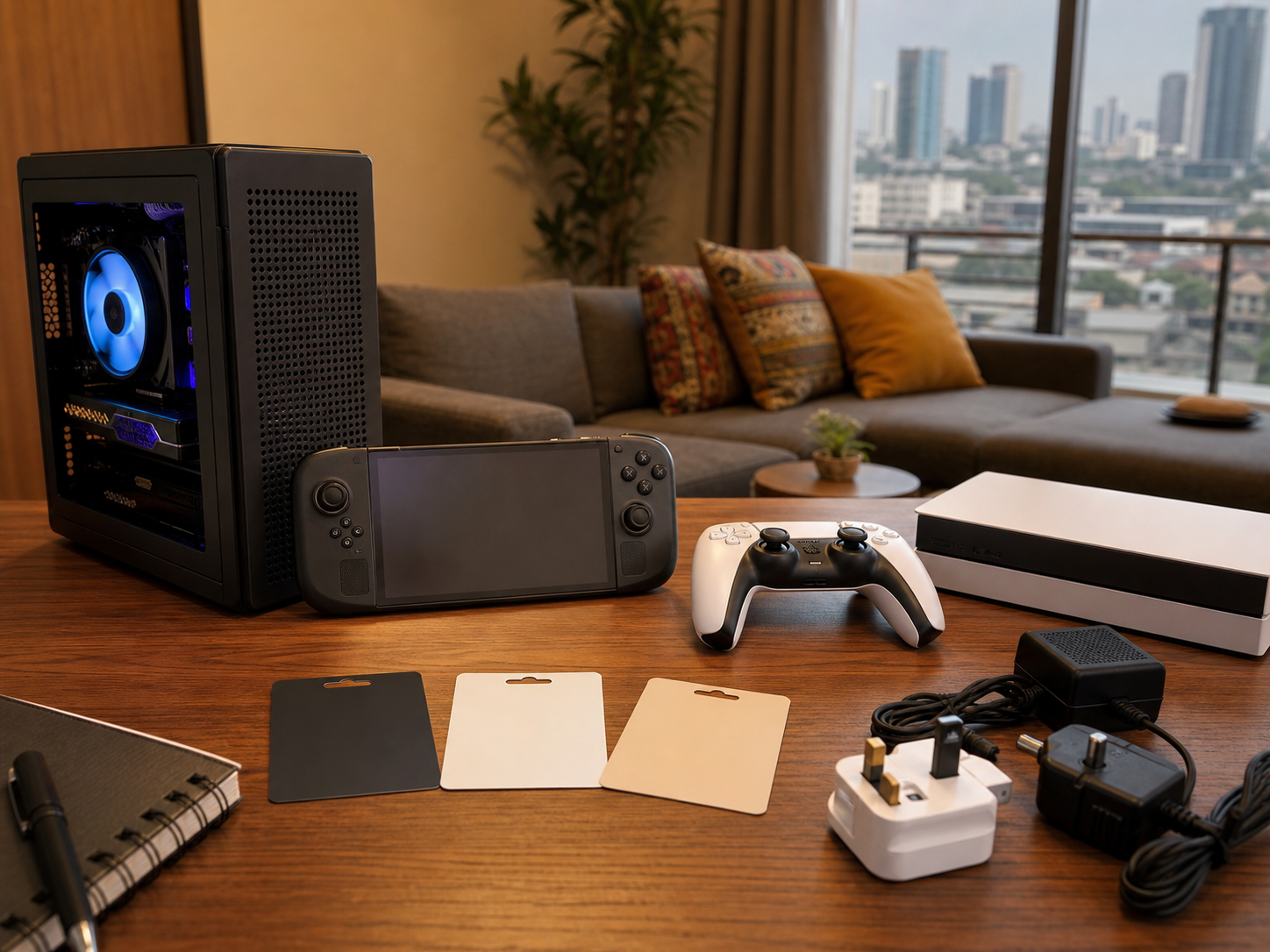 Gaming hardware, controller, blank gift cards, plugs, and planning notes on a Lagos apartment table