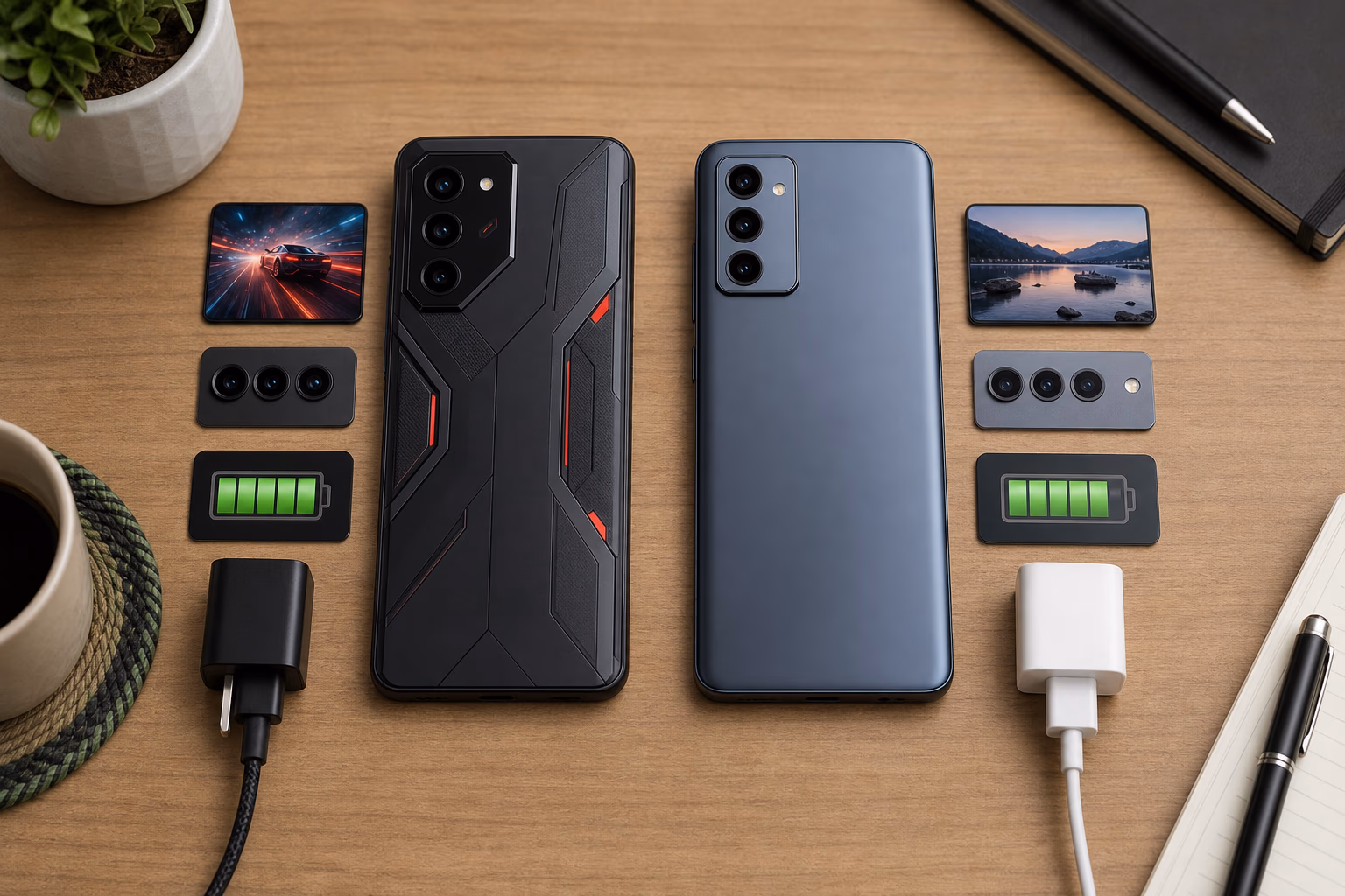 Side-by-side smartphone comparison setup with gaming and productivity cues
