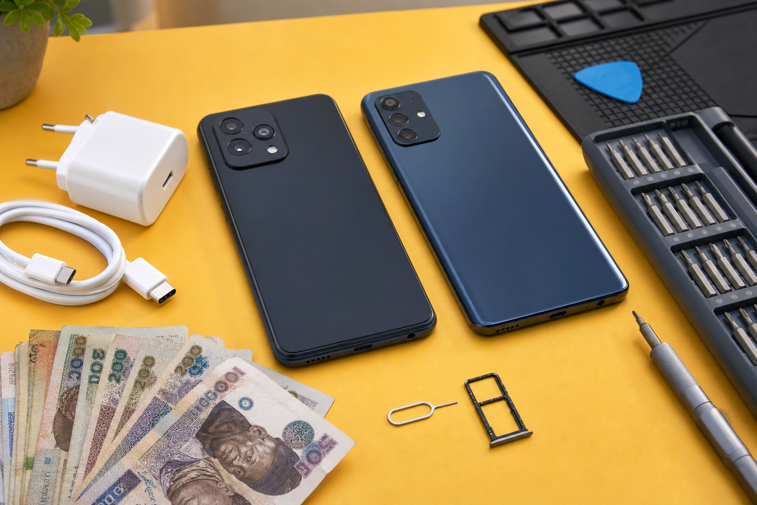Smartphones with charger, SIM tray tool, repair tools and naira cash for Nigeria buyer checks