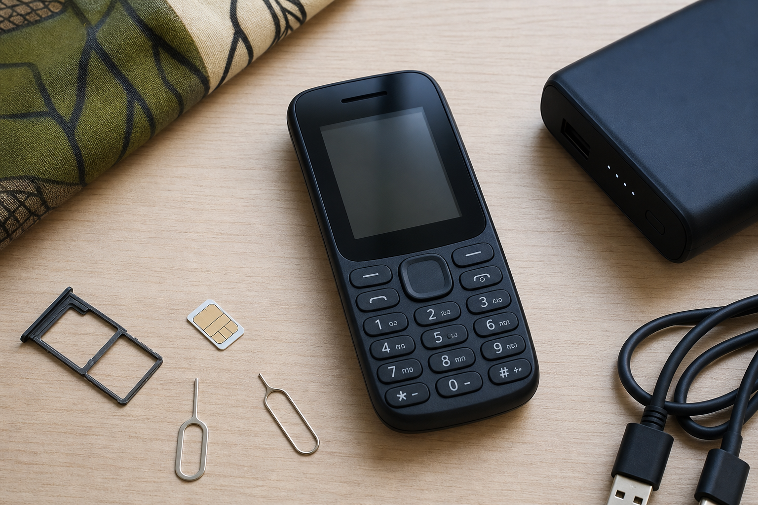 Feature phone, SIM tools, power bank and charging cable arranged for a backup-phone buying guide