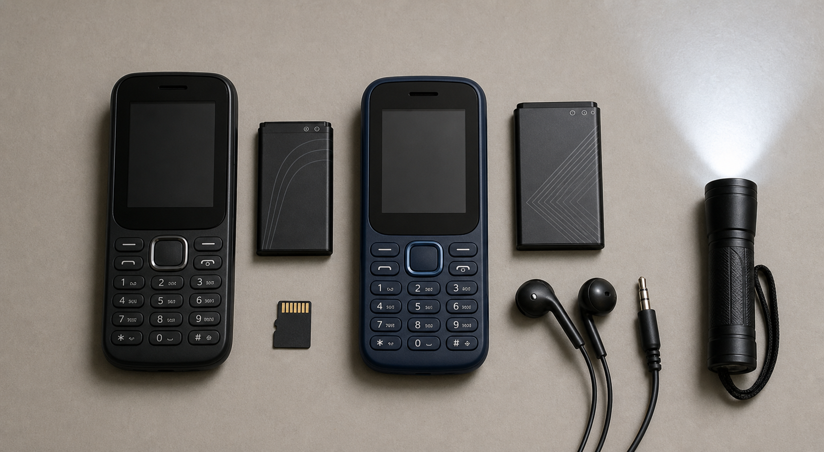 Two feature phones beside batteries, microSD card, earphones and torch on a neutral desk