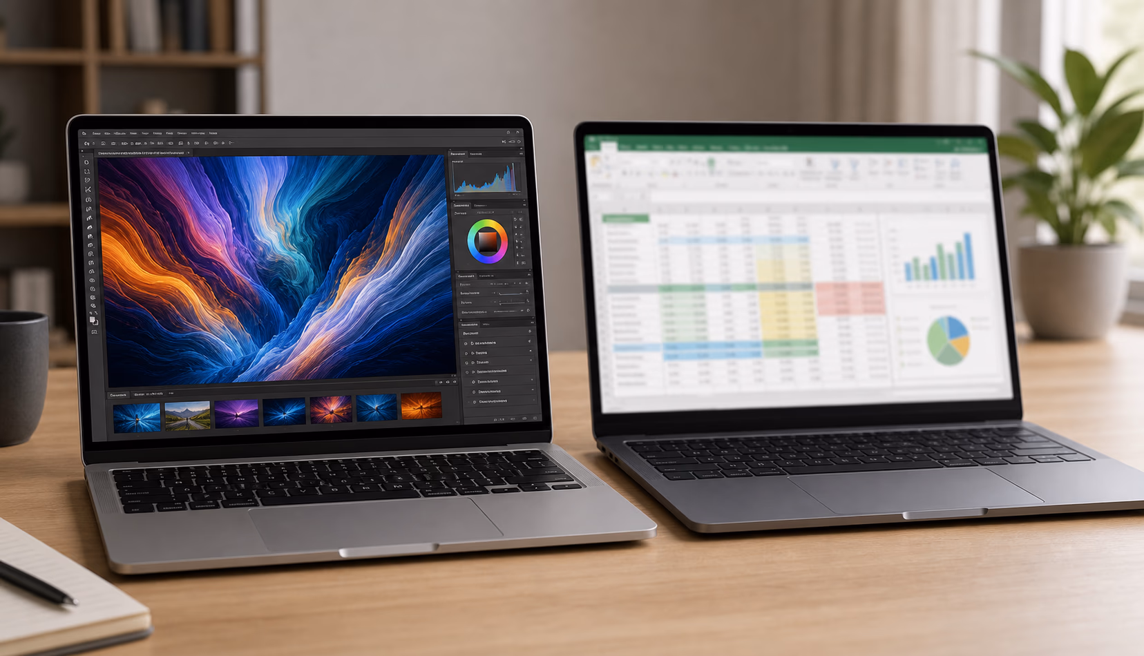Two 14-inch laptops showing creative and office workloads side by side