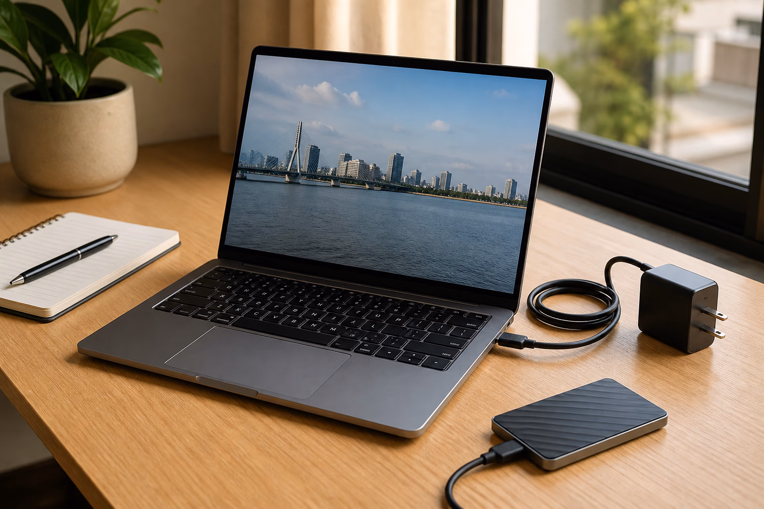 Compact laptop with charger and external storage on a desk