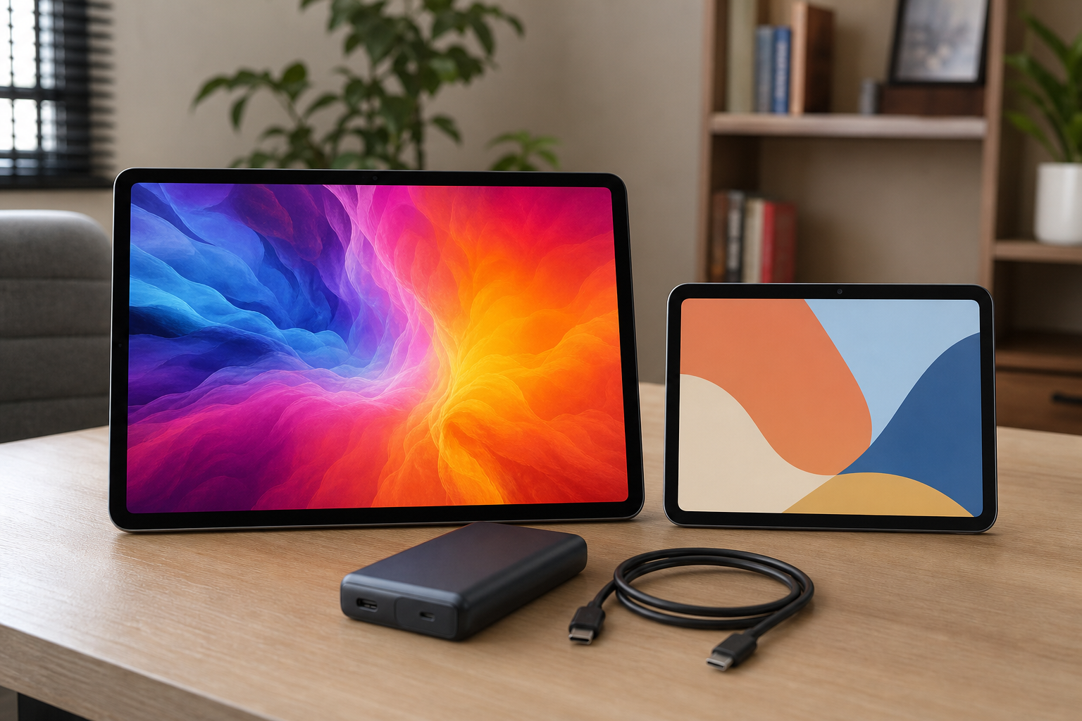 Two unbranded tablets with a power bank and USB-C cable on a desk