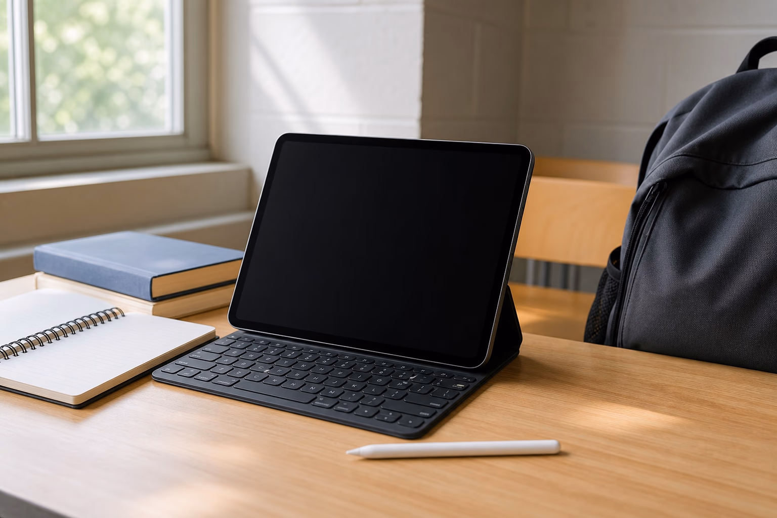 Unbranded tablet with keyboard and stylus on a classroom-style desk