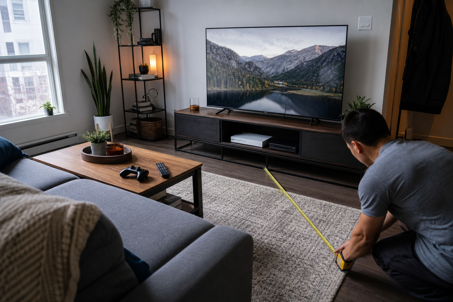 A 55-inch smart TV setup being measured for room fit with gaming and streaming accessories nearby