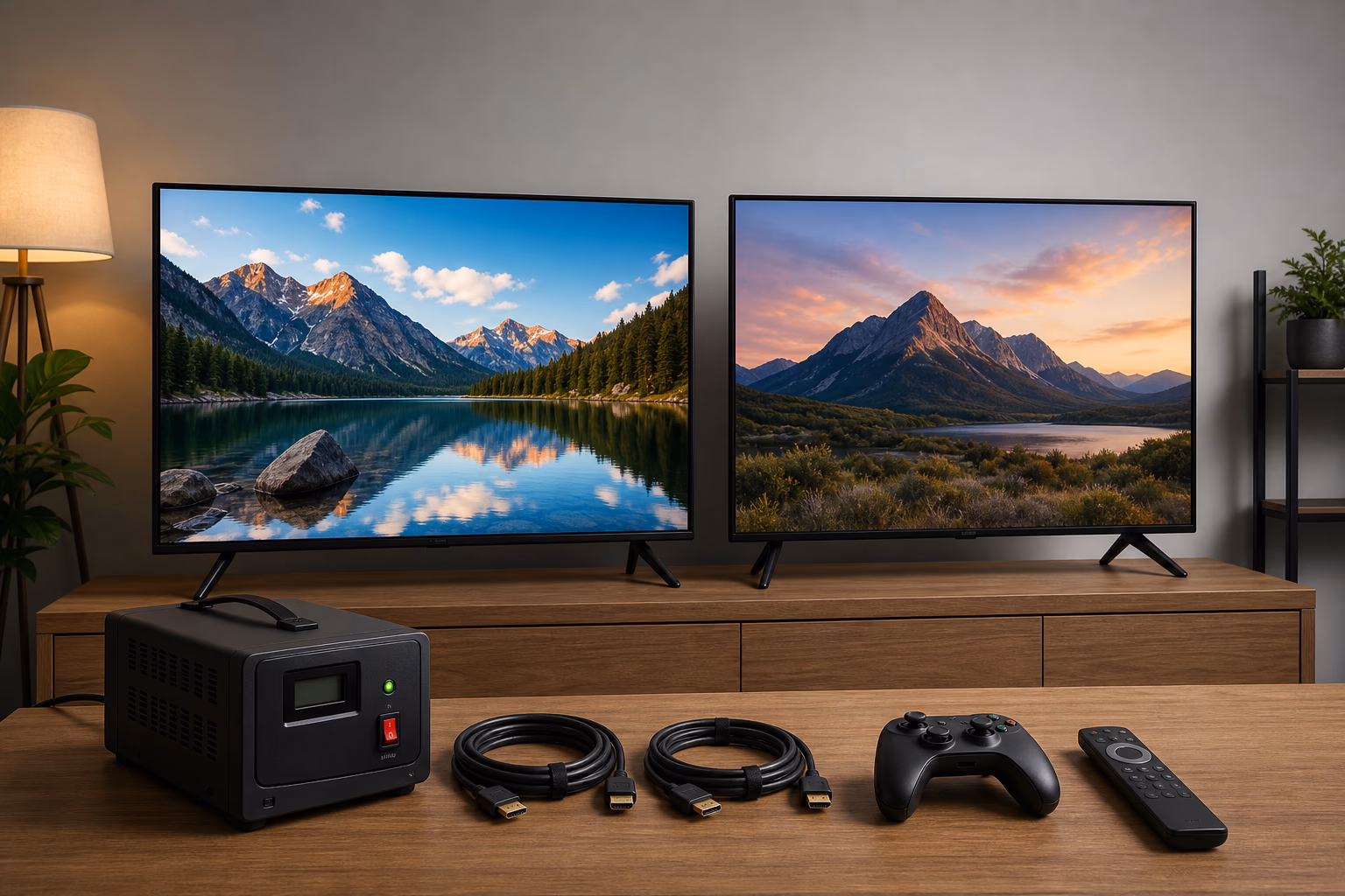 Two smart TVs beside a stabilizer, HDMI cables, controller and remote for setup comparison