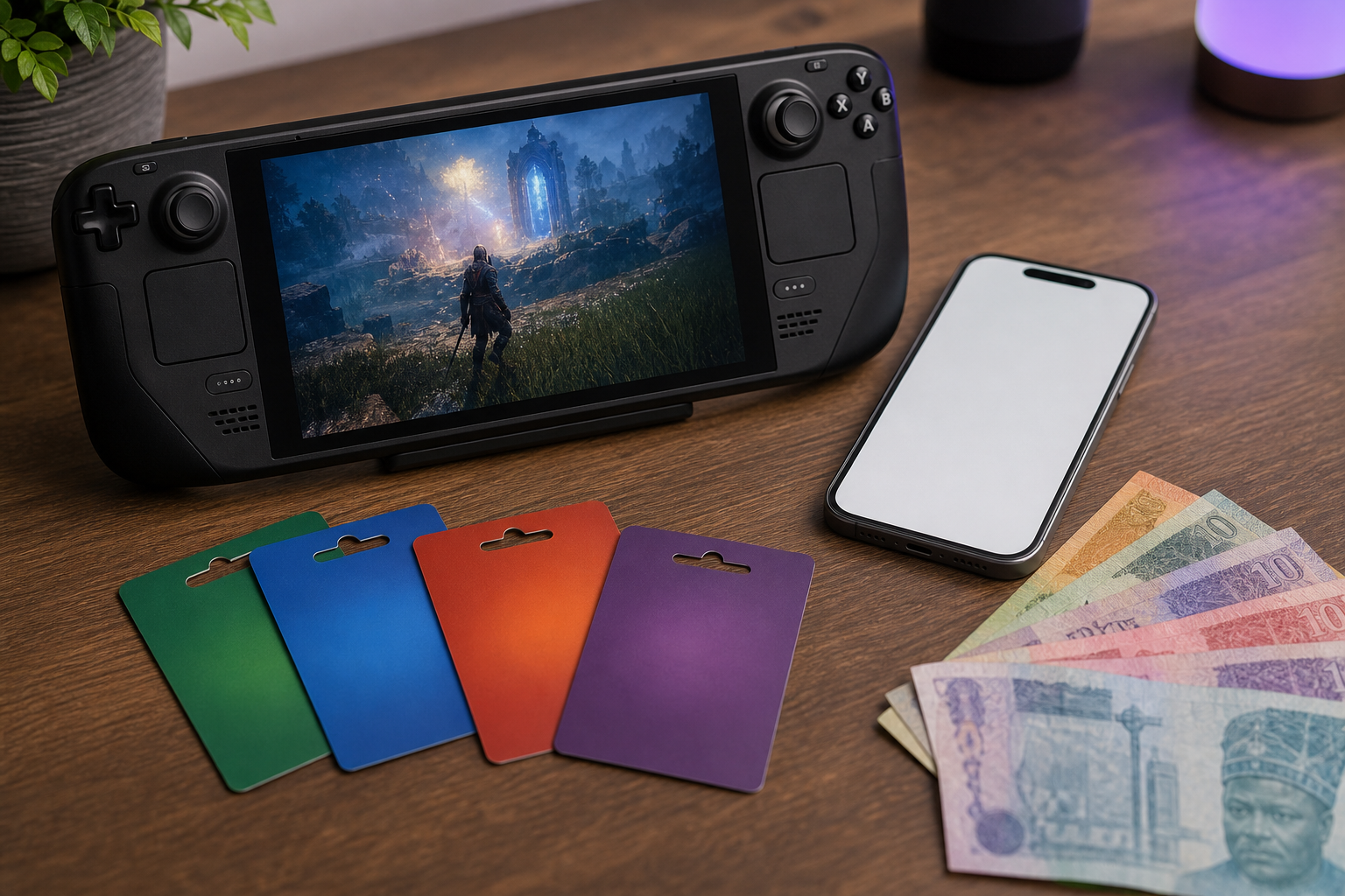Handheld gaming PC beside digital gift card props and payment phone