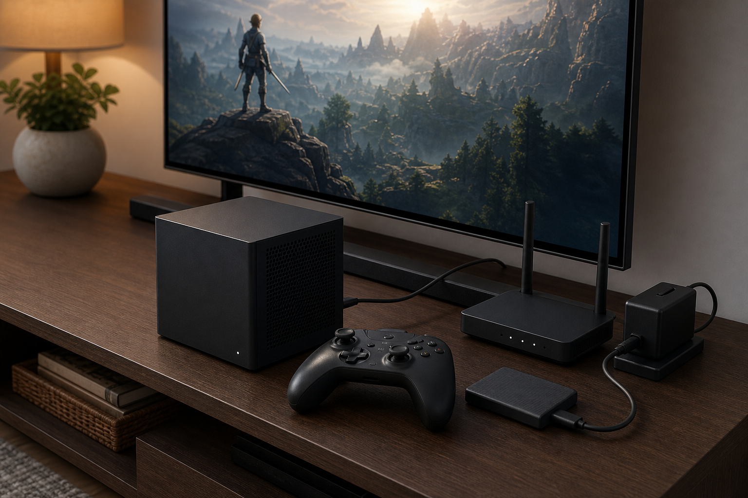 Living-room PC console setup with controller, router and external storage