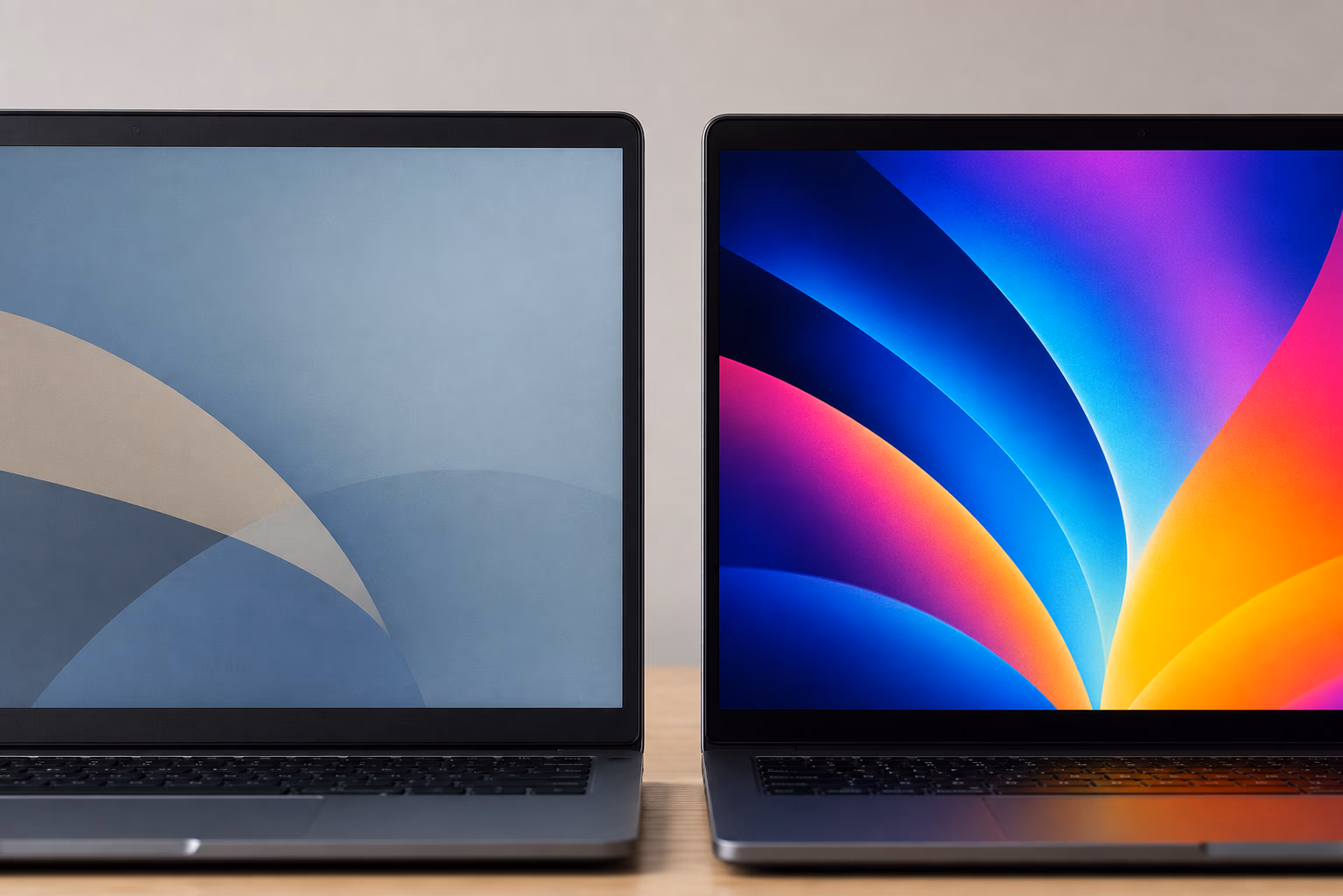 Matte laptop display beside vivid OLED-style display for laptop screen comparison