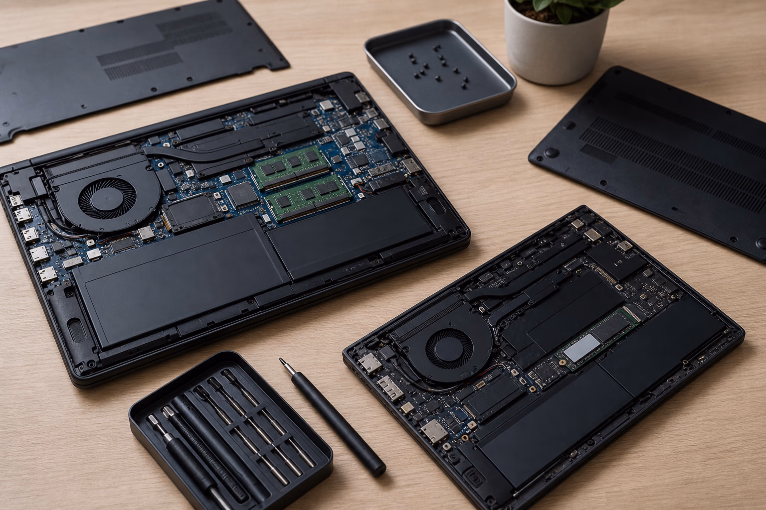 Laptop internals and toolkit illustrating RAM and SSD upgrade checks