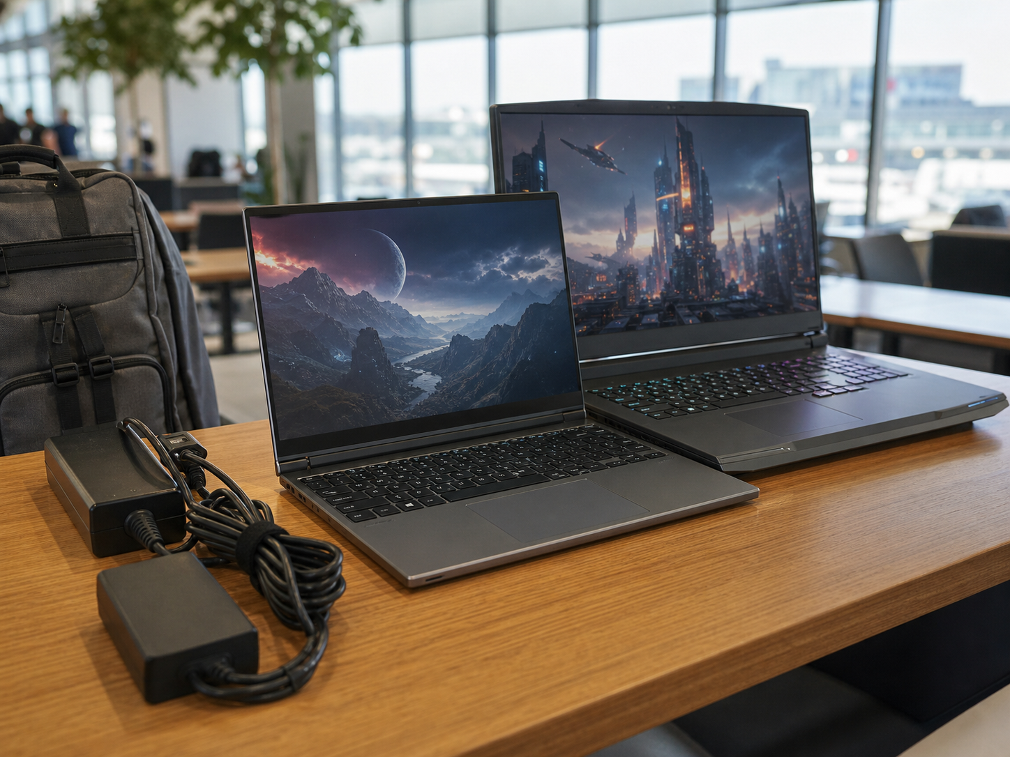 A compact gaming laptop beside a larger gaming laptop with power adapters and a travel bag
