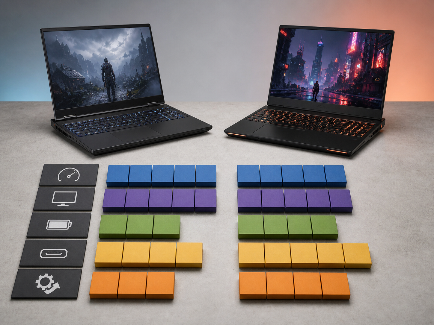 Two gaming laptops with abstract comparison blocks for performance display battery ports and upgrades