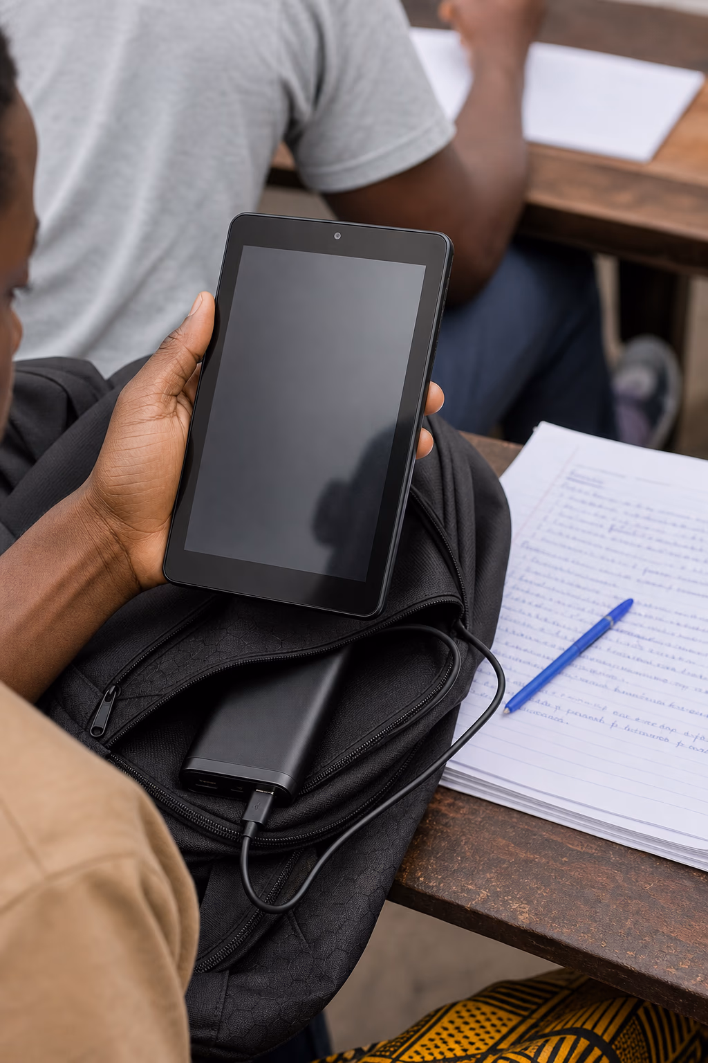 Compact tablet held with school notes, backpack and power bank nearby