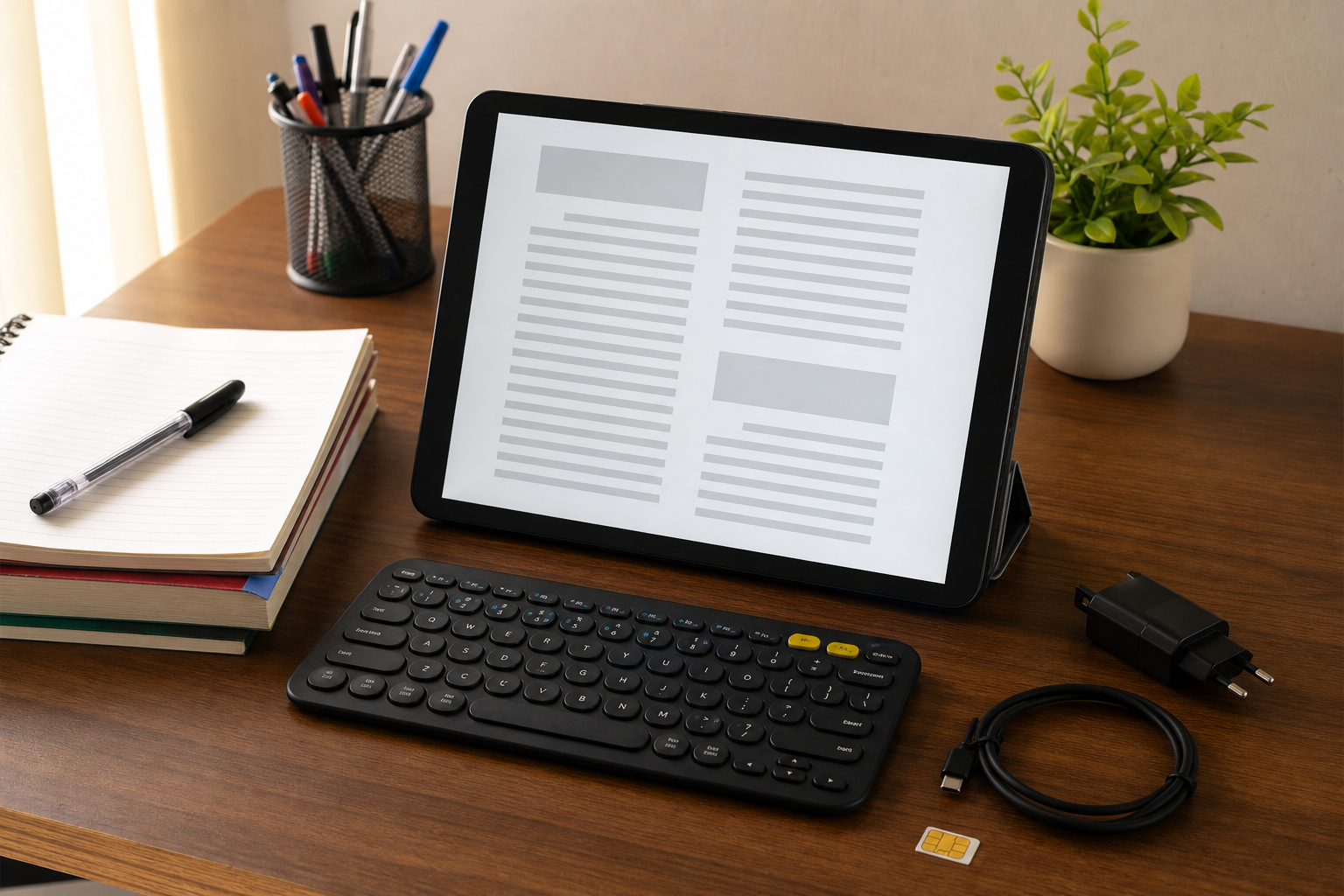 Large tablet on a desk with books, keyboard, charger and SIM card