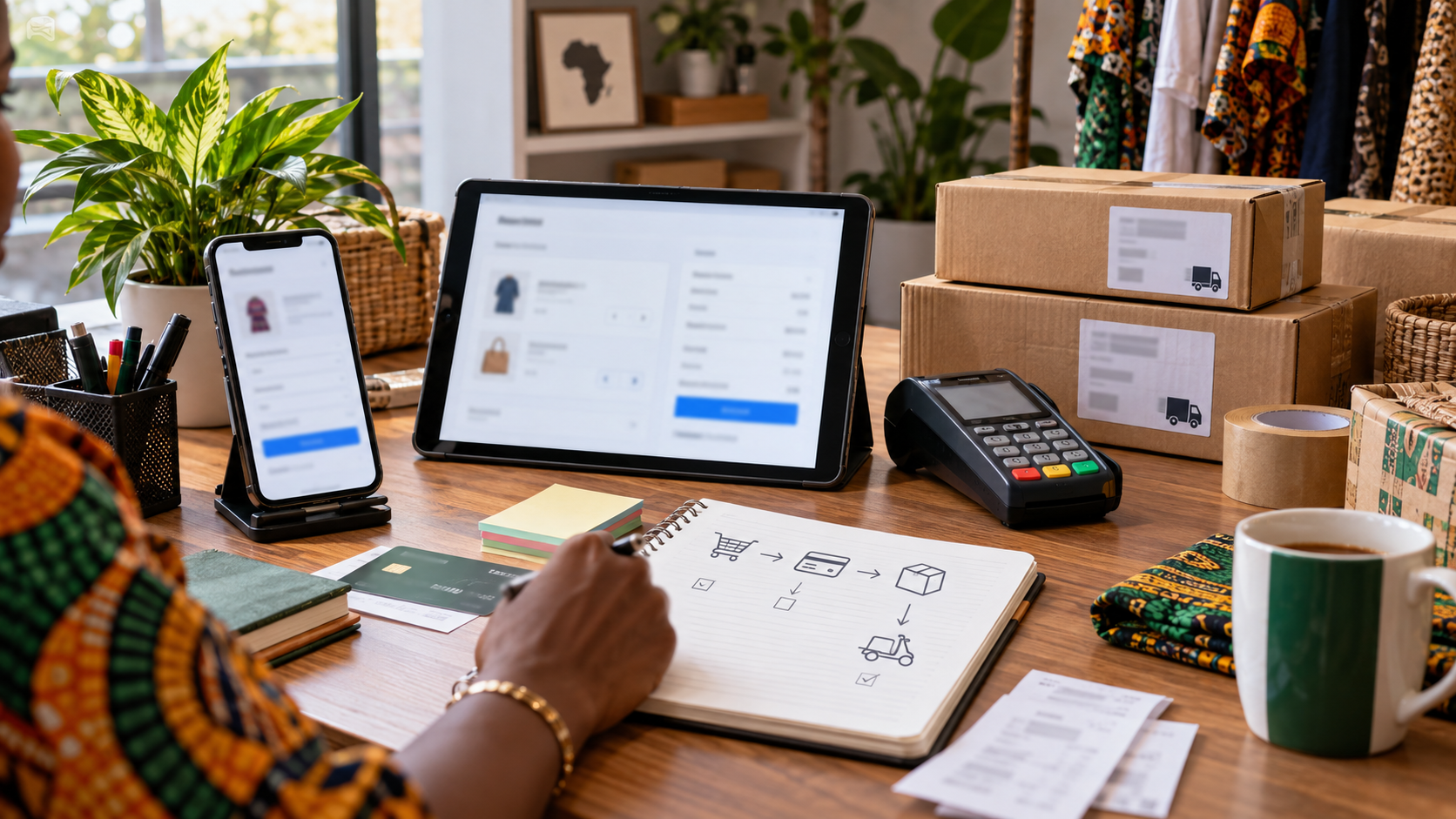Conceptual illustration of checkout, payment, and delivery workflow cards for a Nigerian ecommerce business