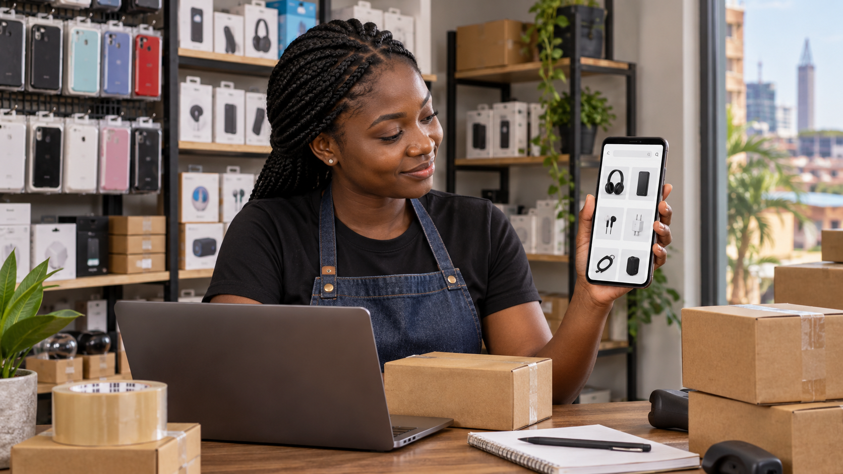 Conceptual illustration of product shelves, inventory cards, and a mobile storefront for a Nigerian business