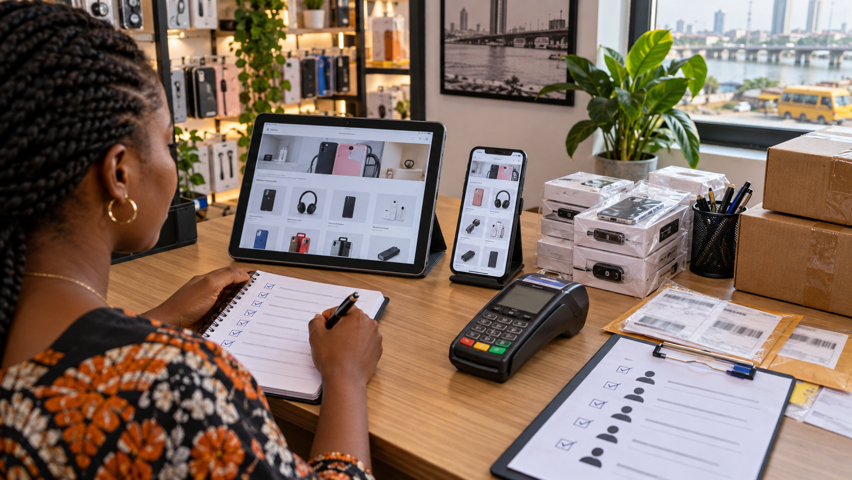 Conceptual illustration of a merchant checklist for storefront, payment, delivery and staff operations
