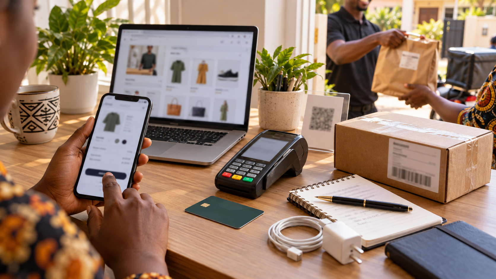 Conceptual illustration of mobile checkout, local payment options and delivery handoff for an online store