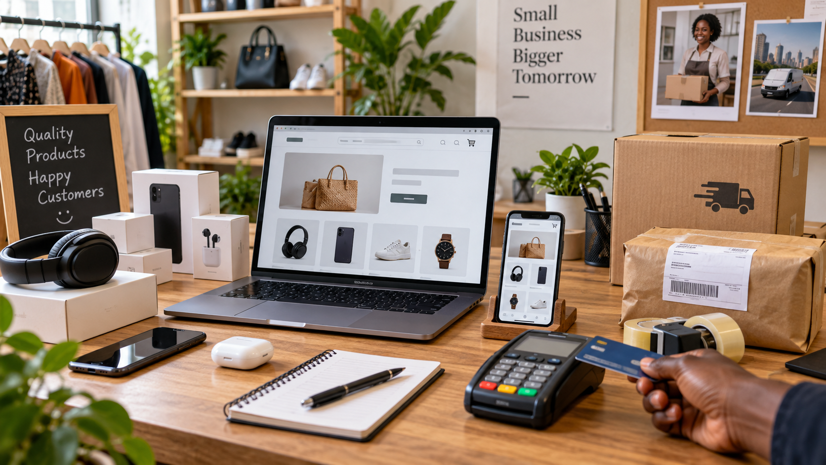 Conceptual comparison scene showing storefront, catalog, payment and delivery workflow blocks for an online merchant