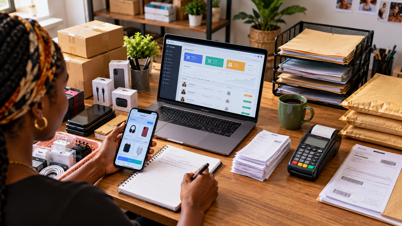 Conceptual illustration of product stock, receipt, payment and delivery records being organized for a small business