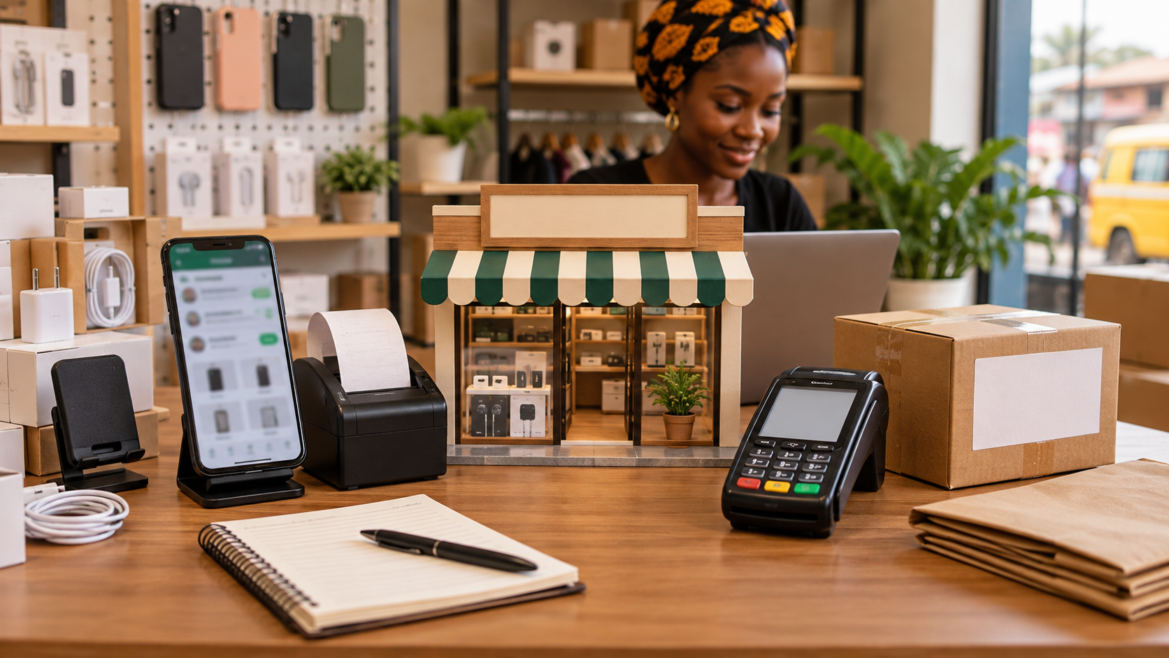 Illustration of payment, delivery, inventory, and receipt tasks arranged around a merchant storefront