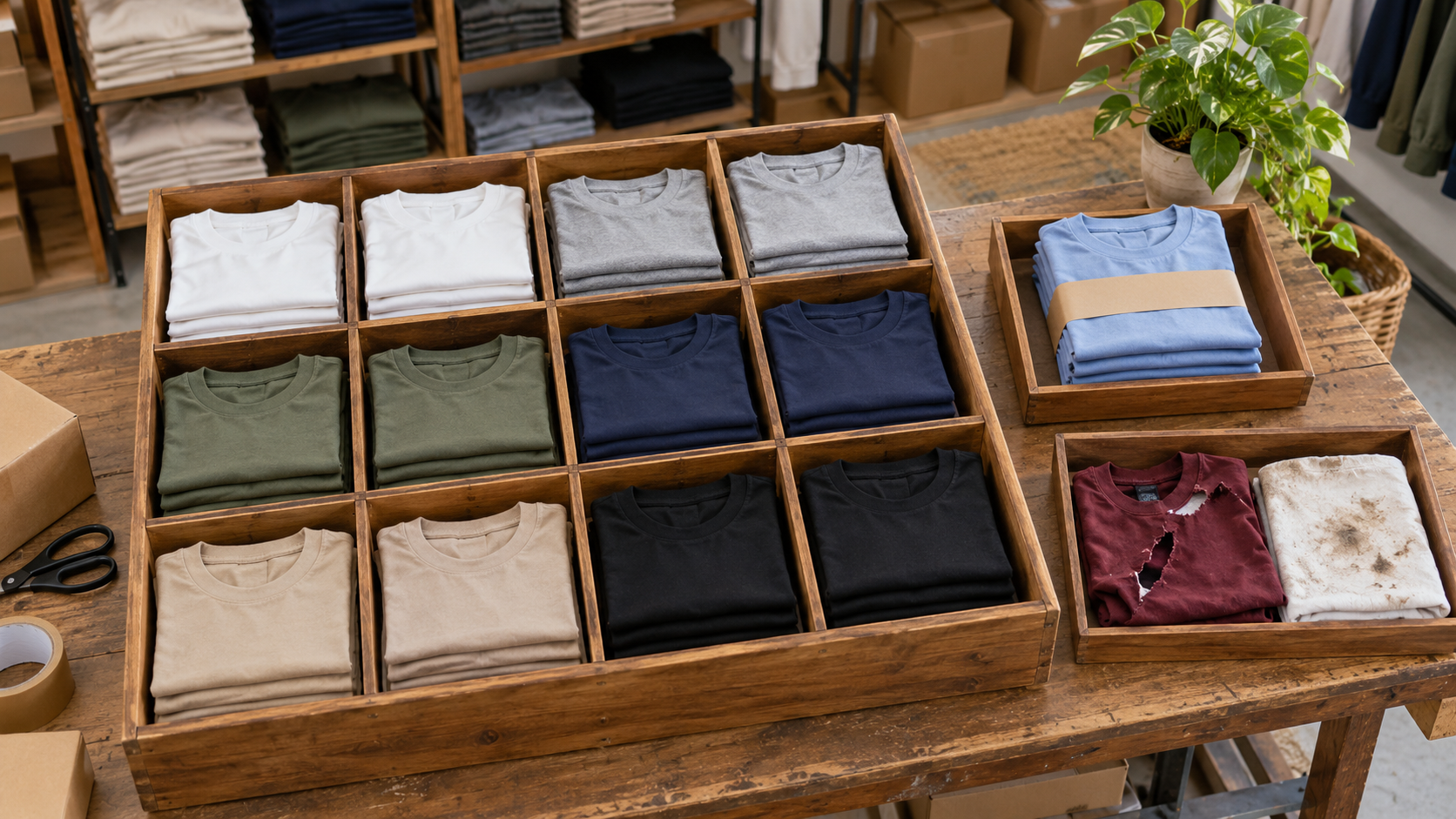 Conceptual illustration of clothing variants sorted into separate compartments, with reserved and damaged items set aside