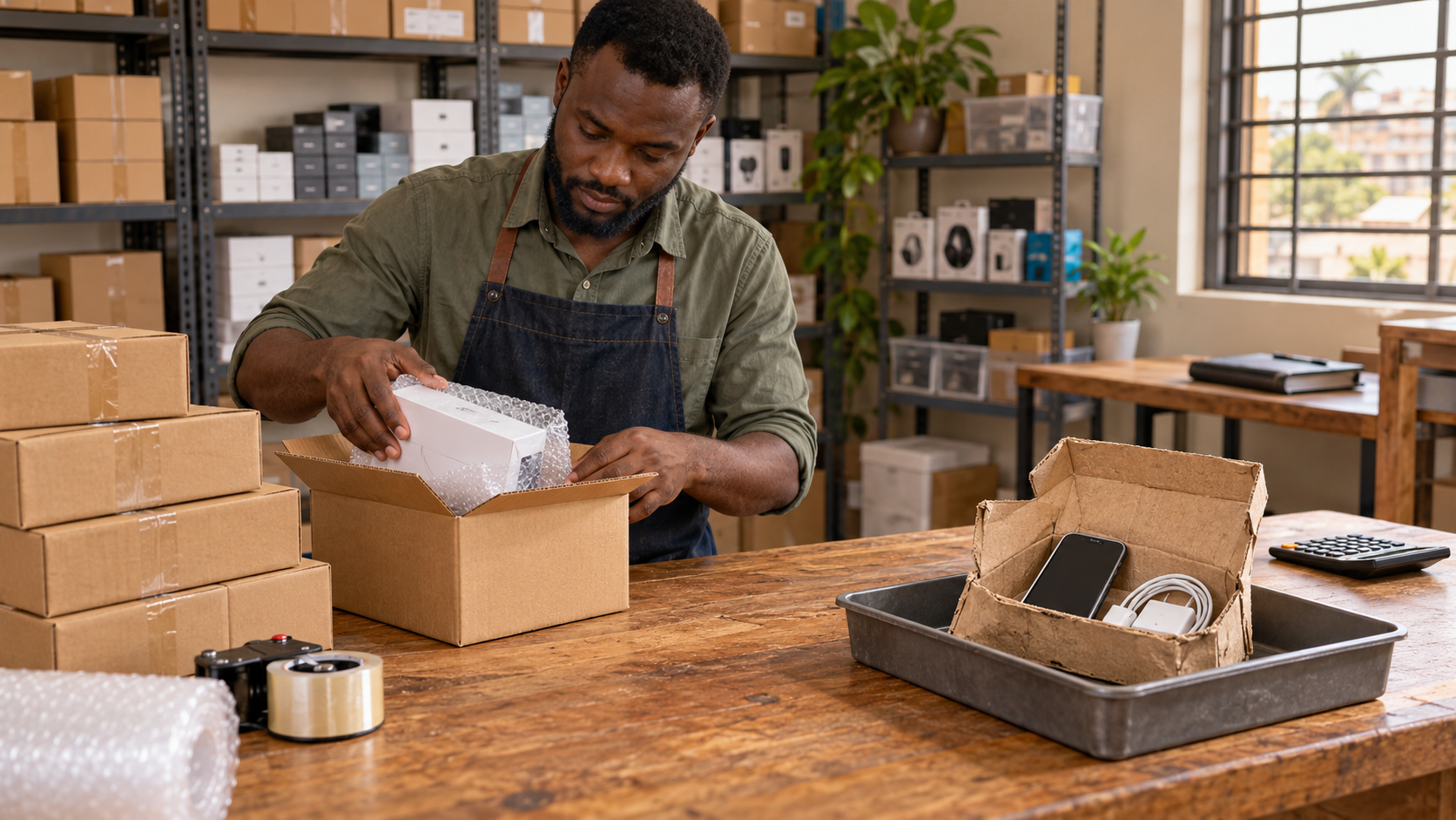 Conceptual illustration of a merchant checking packed goods while a returned parcel remains separate for inspection