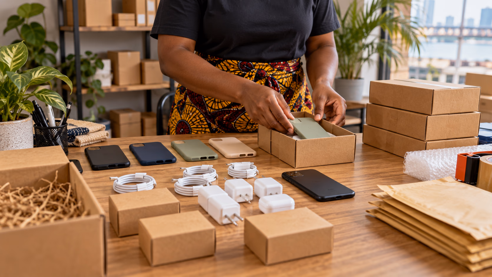 Conceptual illustration of a merchant organizing product variants and packages beside a phone without visible screen content