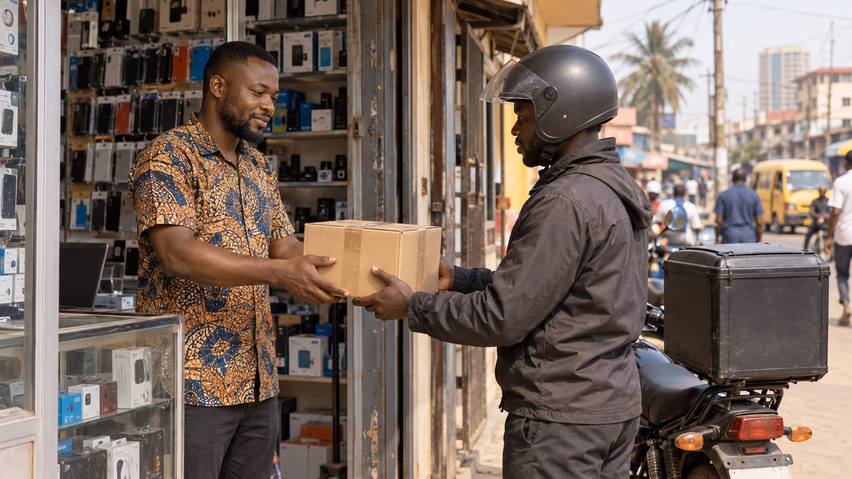 Conceptual illustration of a Nigerian merchant handing a sealed parcel to a delivery rider outside a small shop