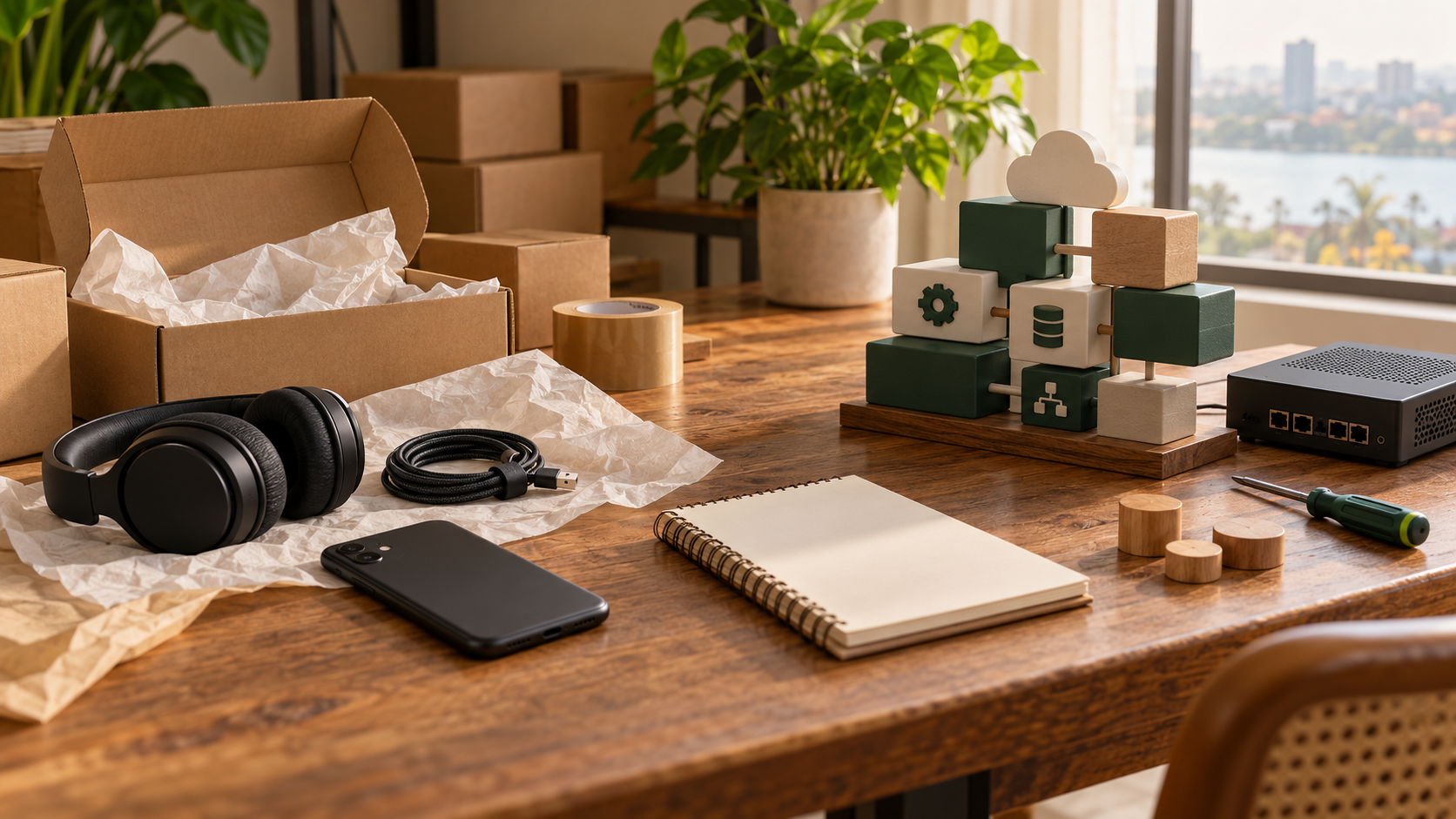 Conceptual illustration of catalog items, packing materials and modular infrastructure pieces arranged on a merchant’s desk