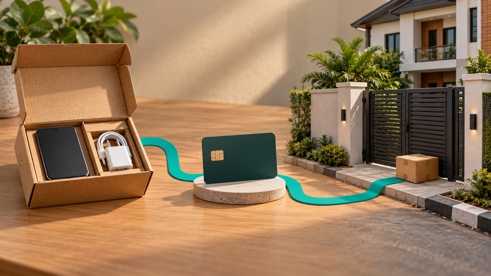 Conceptual illustration connecting a product parcel, payment token and delivery destination with a continuous path