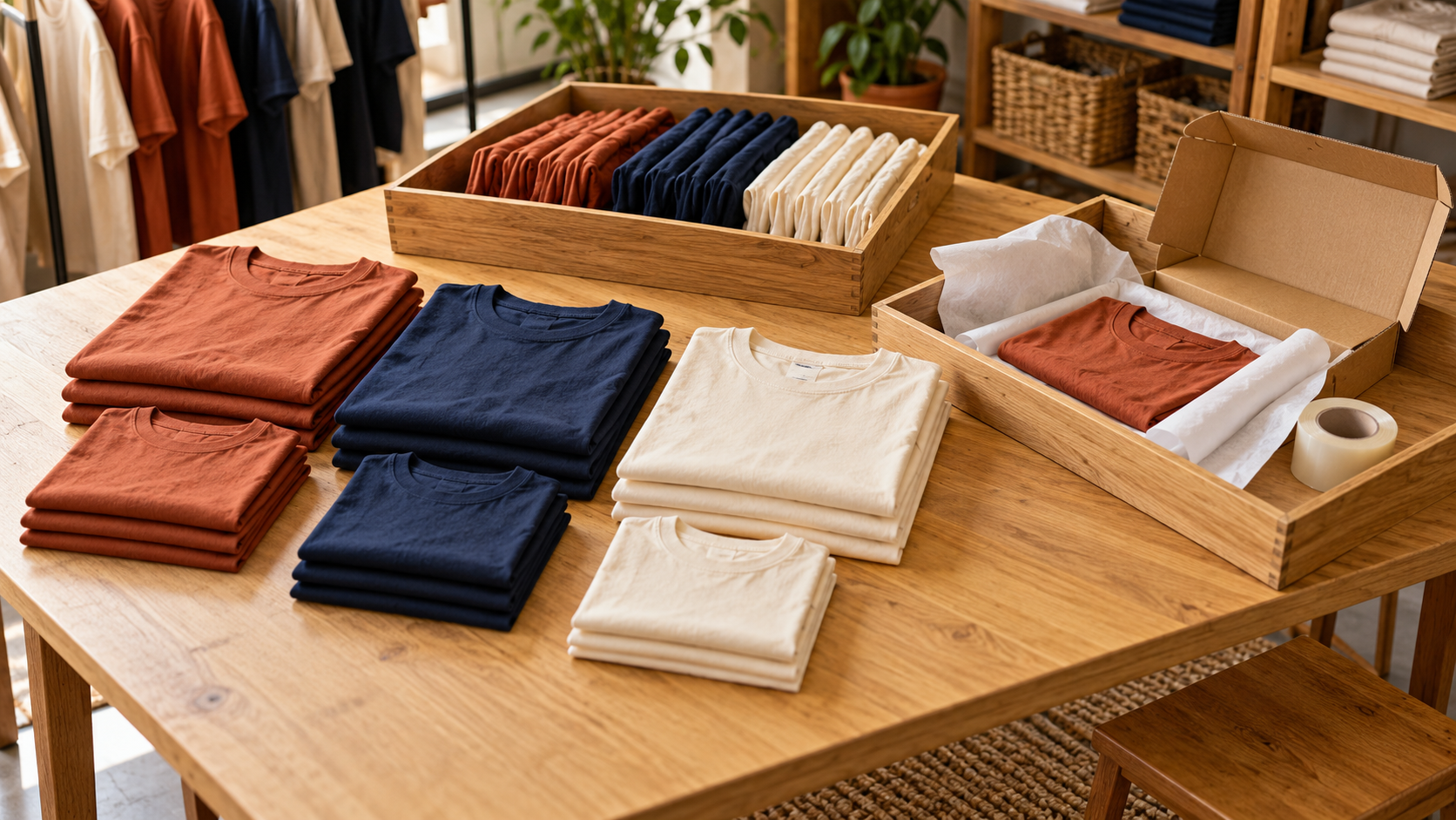 Conceptual illustration of clothing variants arranged beside separate stock and packing trays, without text or interface elements
