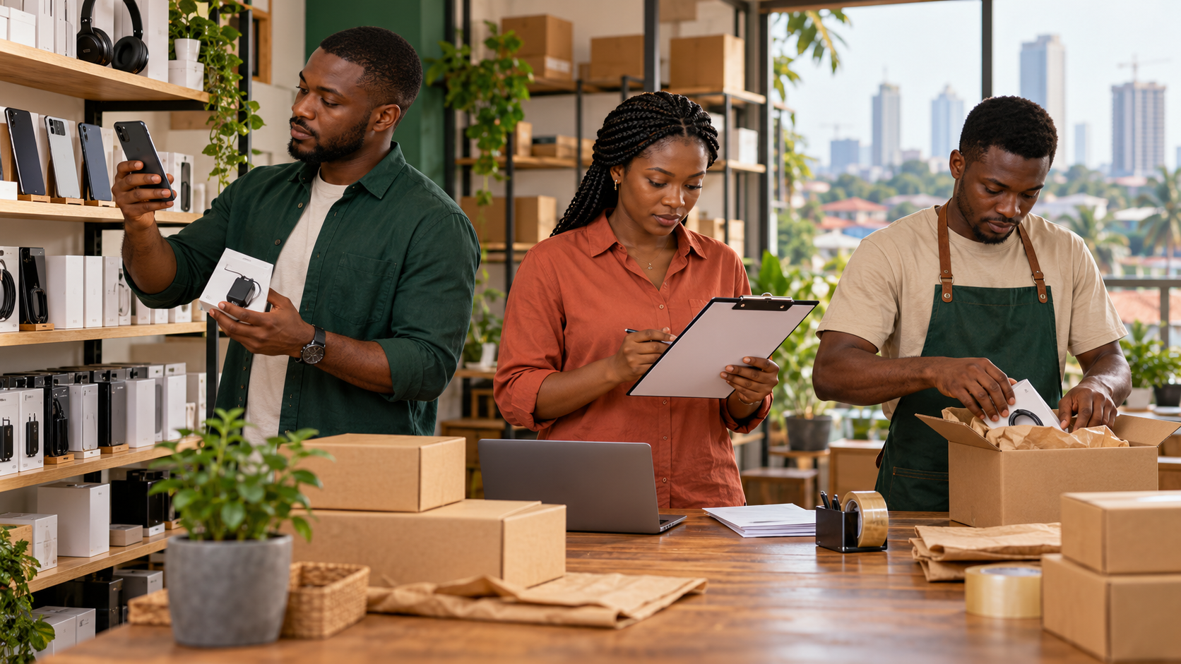 Conceptual illustration of a Nigerian merchant and staff coordinating product selection, order paperwork and parcel packing