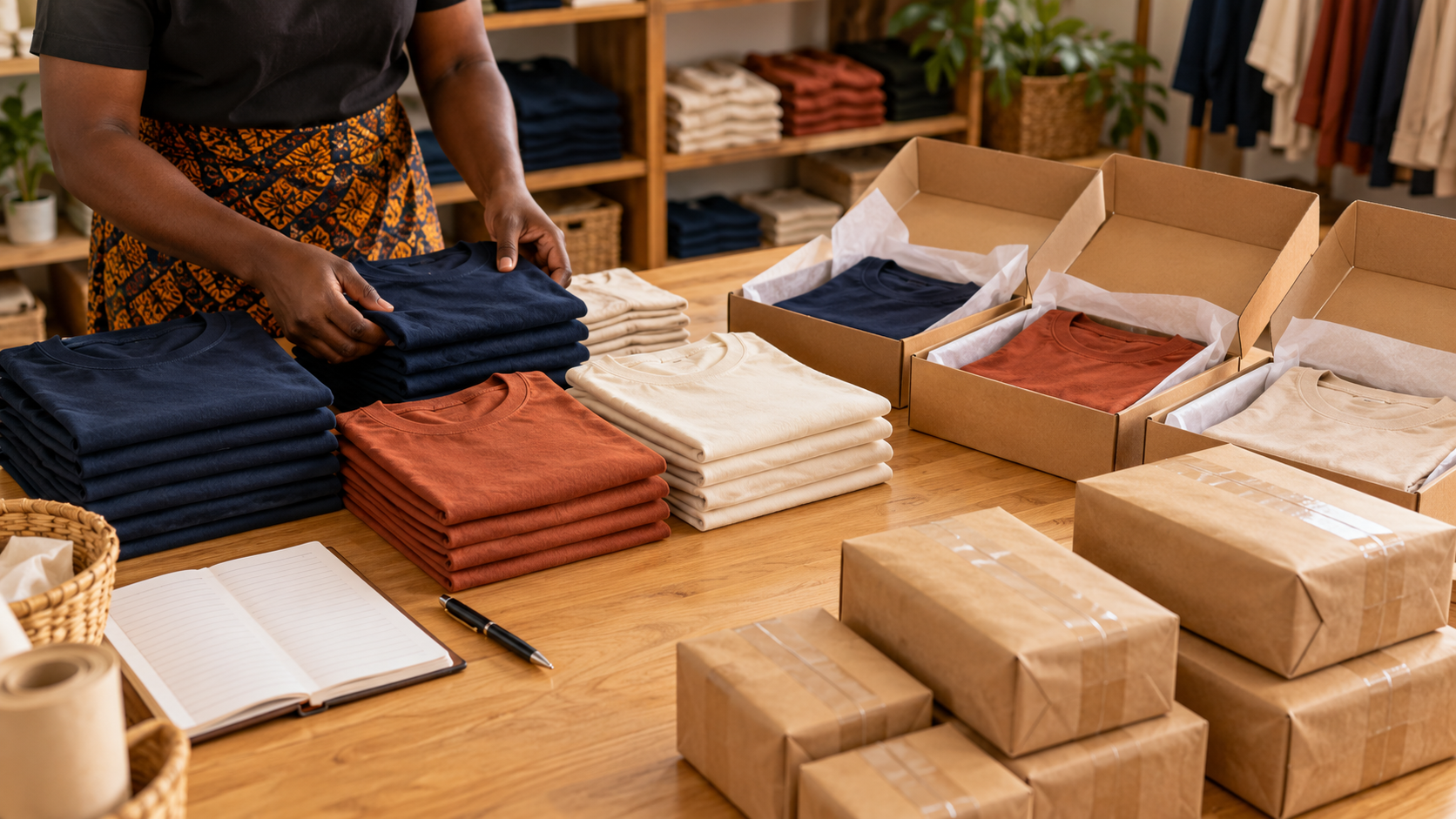 Conceptual illustration of clothing variants and stock being reconciled beside packed customer orders