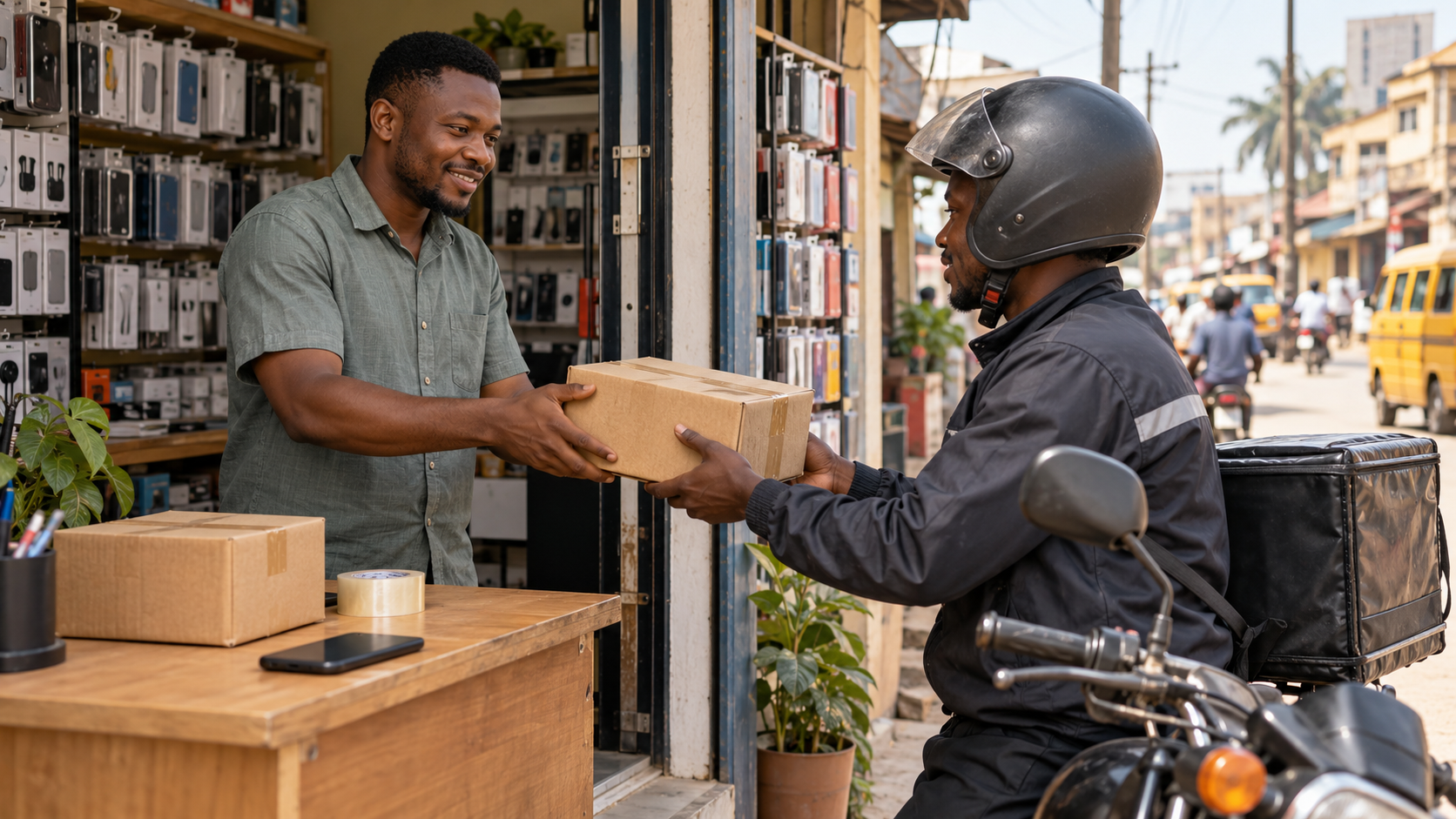 Conceptual illustration of a merchant handing a packed order to a delivery rider