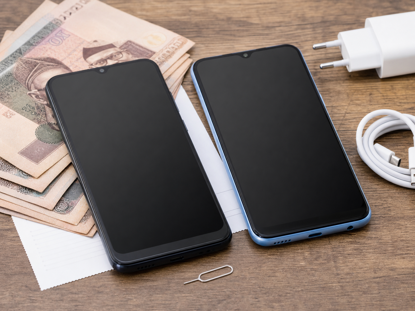 Budget smartphone shopper comparing two Xiaomi phones in a Nigerian electronics store
