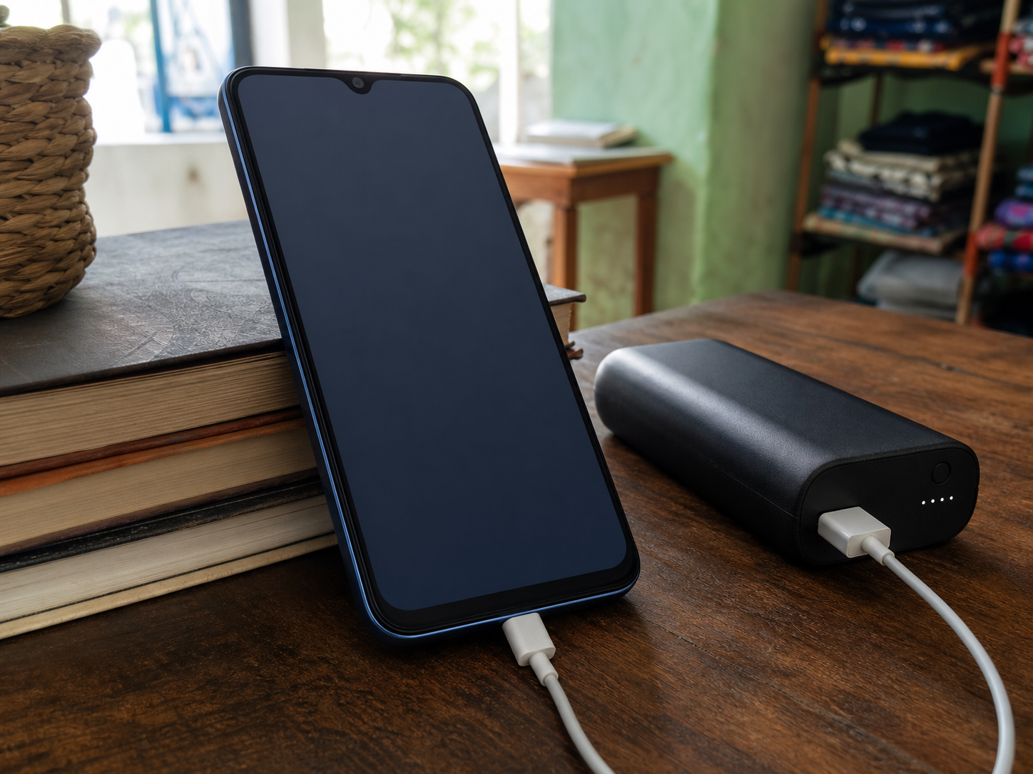 Smartphone charging beside a power bank in a Nigerian home setting