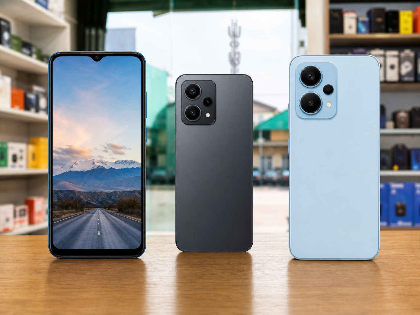 Three budget smartphones on a tech shop counter for comparing Redmi alternatives