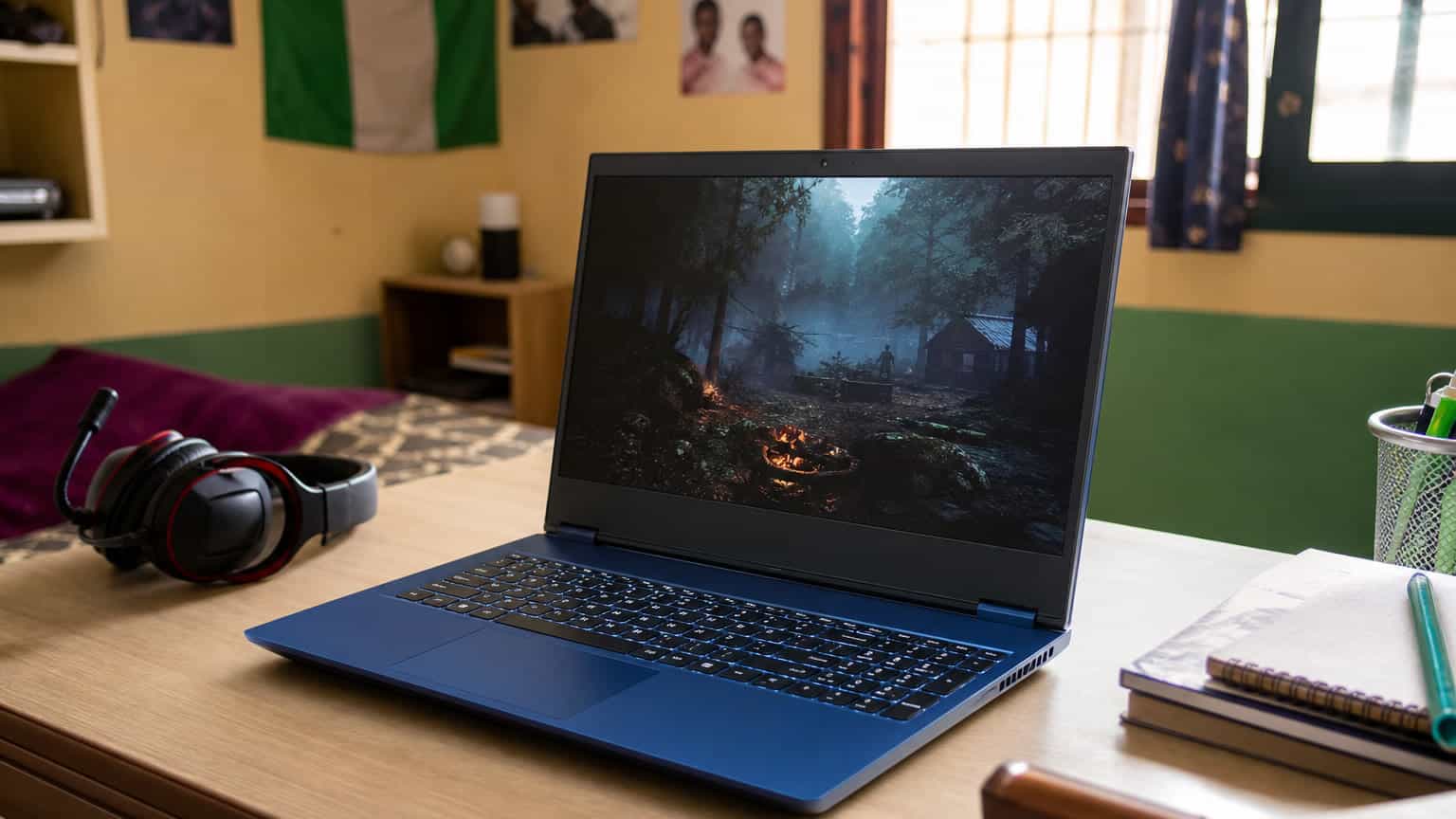 HP Victus-style blue gaming laptop on a Nigerian student desk for a price and value guide
