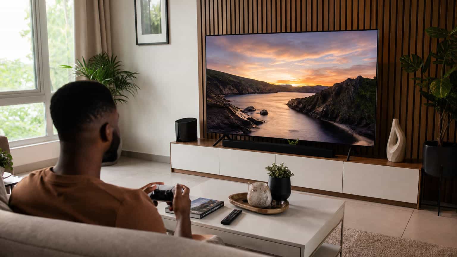 Premium flat-screen TV in a Nigerian living room with a game controller and streaming remote