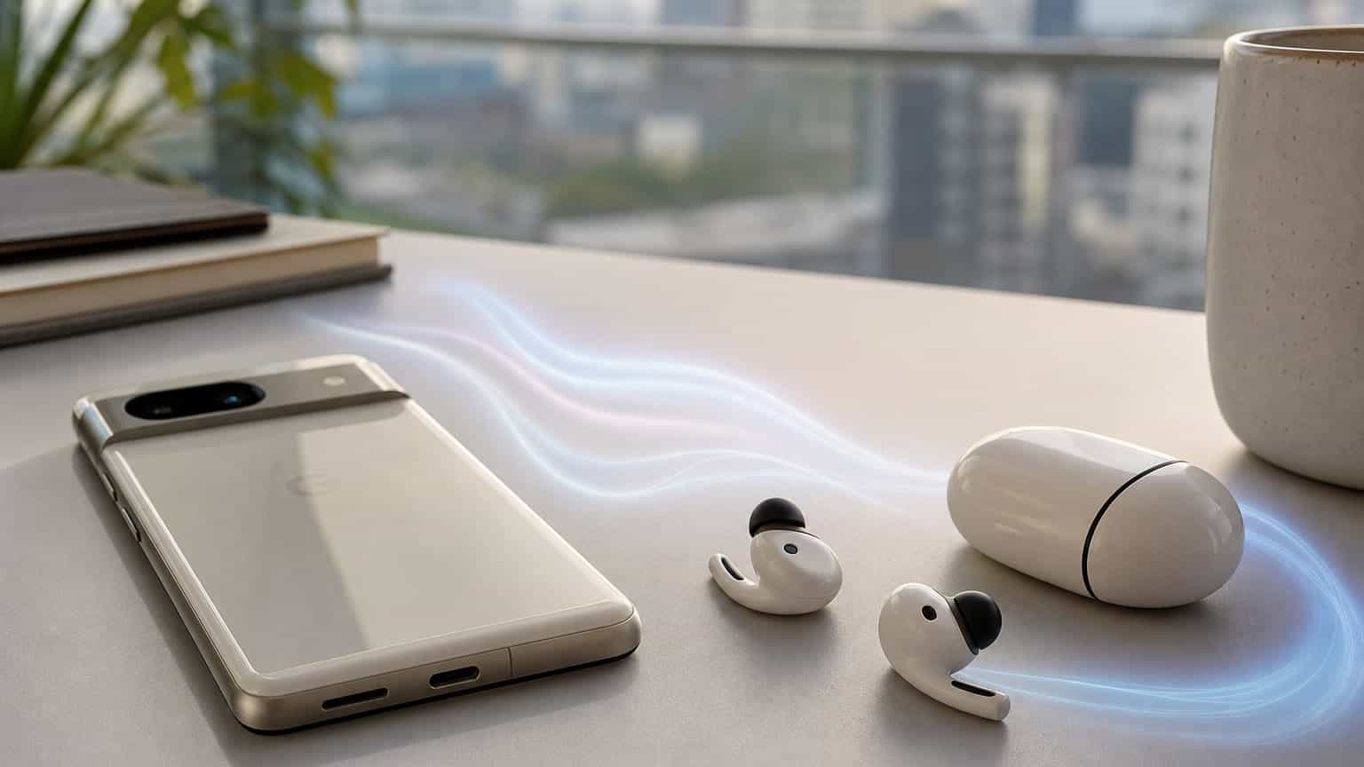 Pixel-style phone and wireless earbuds on a desk suggesting a Bluetooth audio upgrade