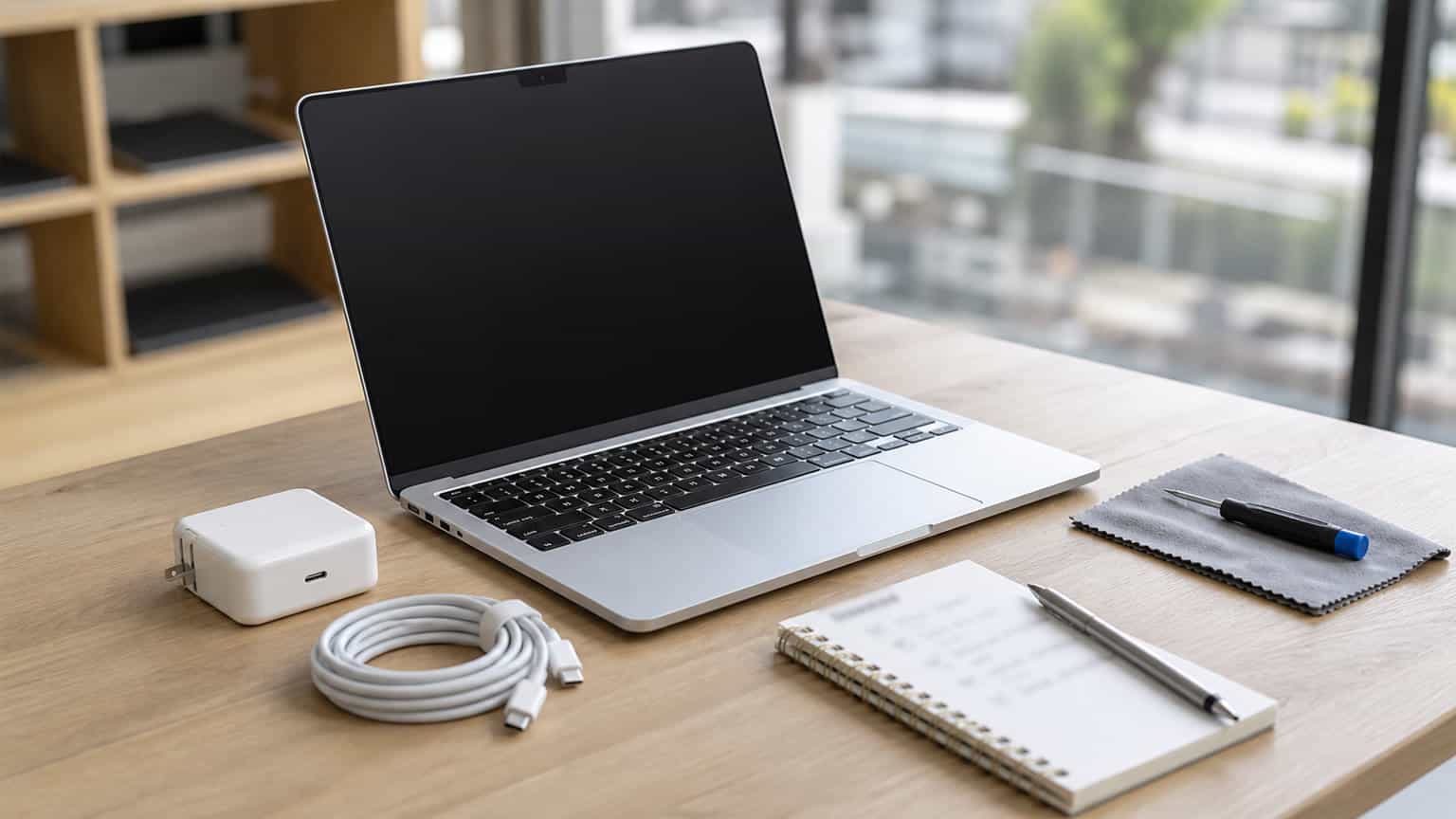 13-inch MacBook Air M2 on a clean desk with charger and inspection notes nearby