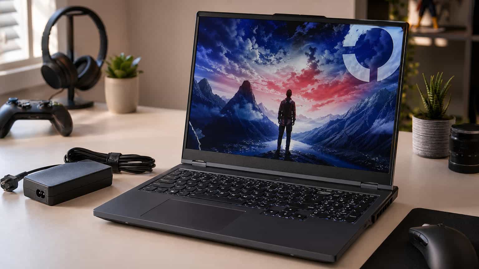 Used Lenovo-style gaming laptop on a desk with charger for a Legion Slim 5 buying guide