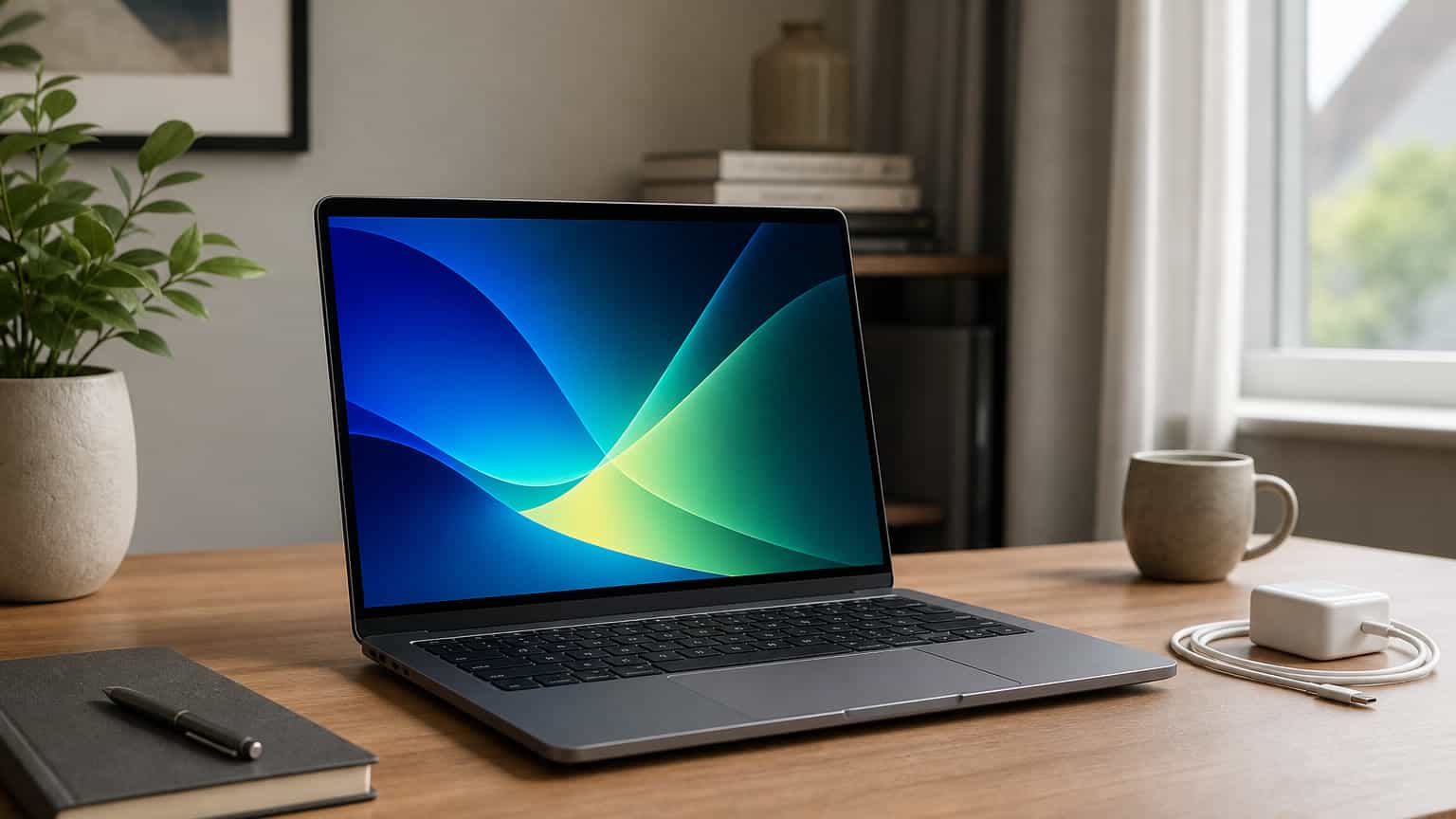 Slim grey 14-inch laptop open on a tidy desk with charger and notebook for a Lenovo IdeaPad buying guide
