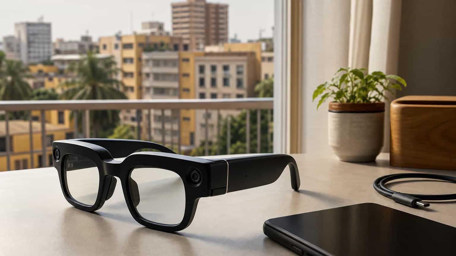 AI smart glasses beside a smartphone on a desk in an African city apartment