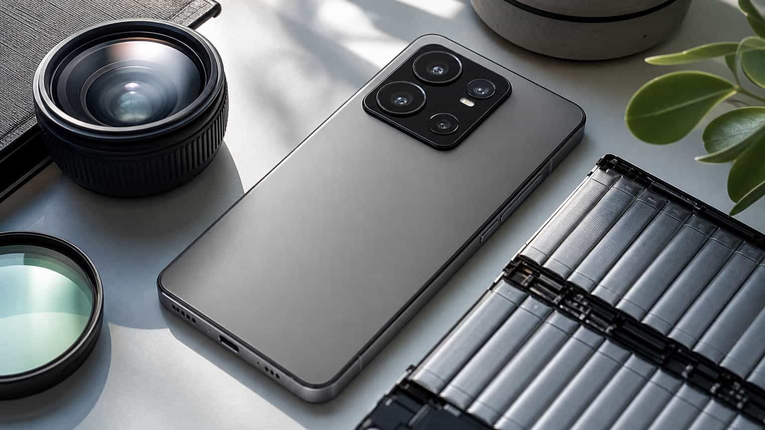 Unbranded premium smartphone with camera lenses and battery-themed elements