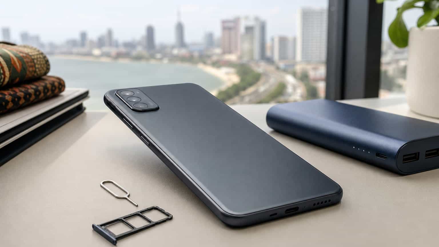 Unbranded budget smartphone on a desk with SIM tray and power bank