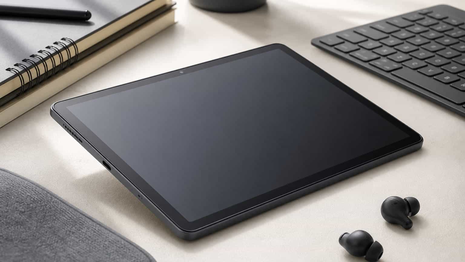 Budget Android tablet on a desk with study and productivity accessories