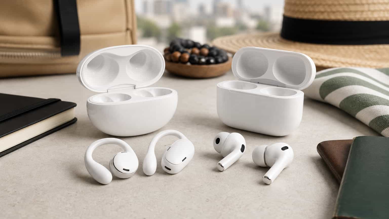 White wireless earbuds comparison scene without logos